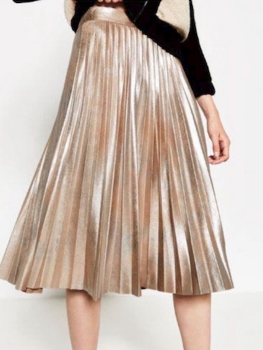 Zara Metallic Pleated Midi Skirt in Champagne Gold